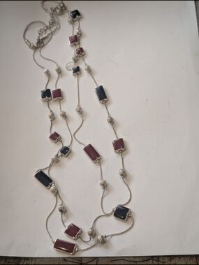 Long Silver-Tone Necklace with Burgundy and Black Rectangular Stones